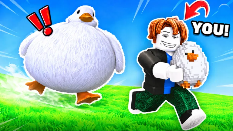 An avatar carries an egg beside a large white bird